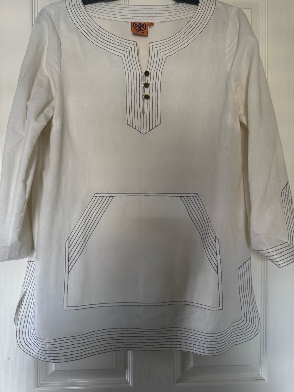 Tory Burch White Tunic with Navy Stitching